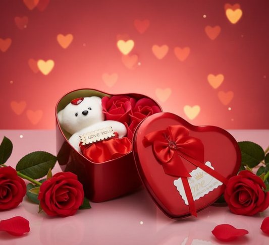 Romantic Heart Gift Box with Teddy & Roses for Love