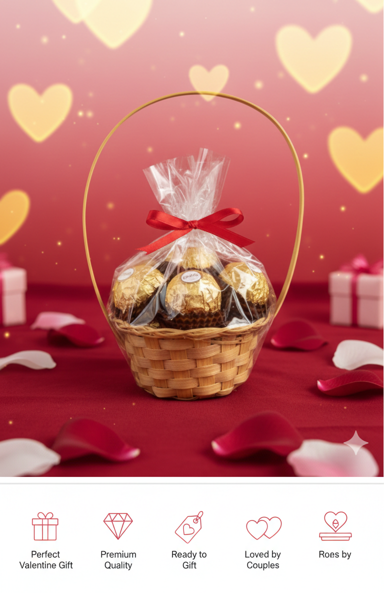 chocolate gift basket for Valentine’s Day with red ribbon