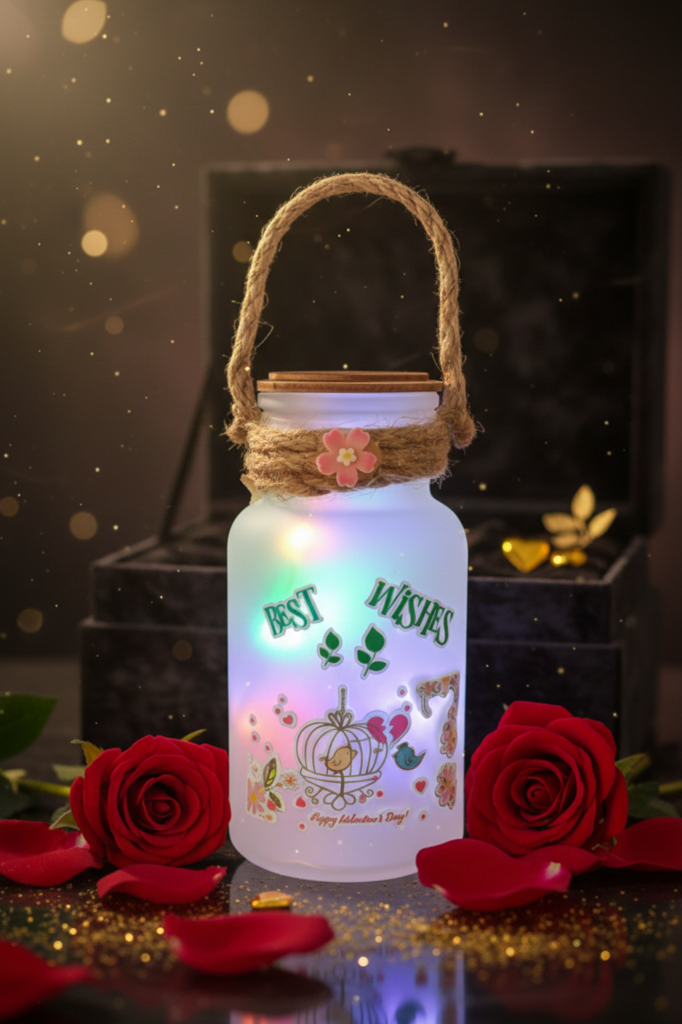 Buy romantic LED glass jar light online. Perfect Valentine, birthday & anniversary gift for couples. Premium quality with beautiful glow.
