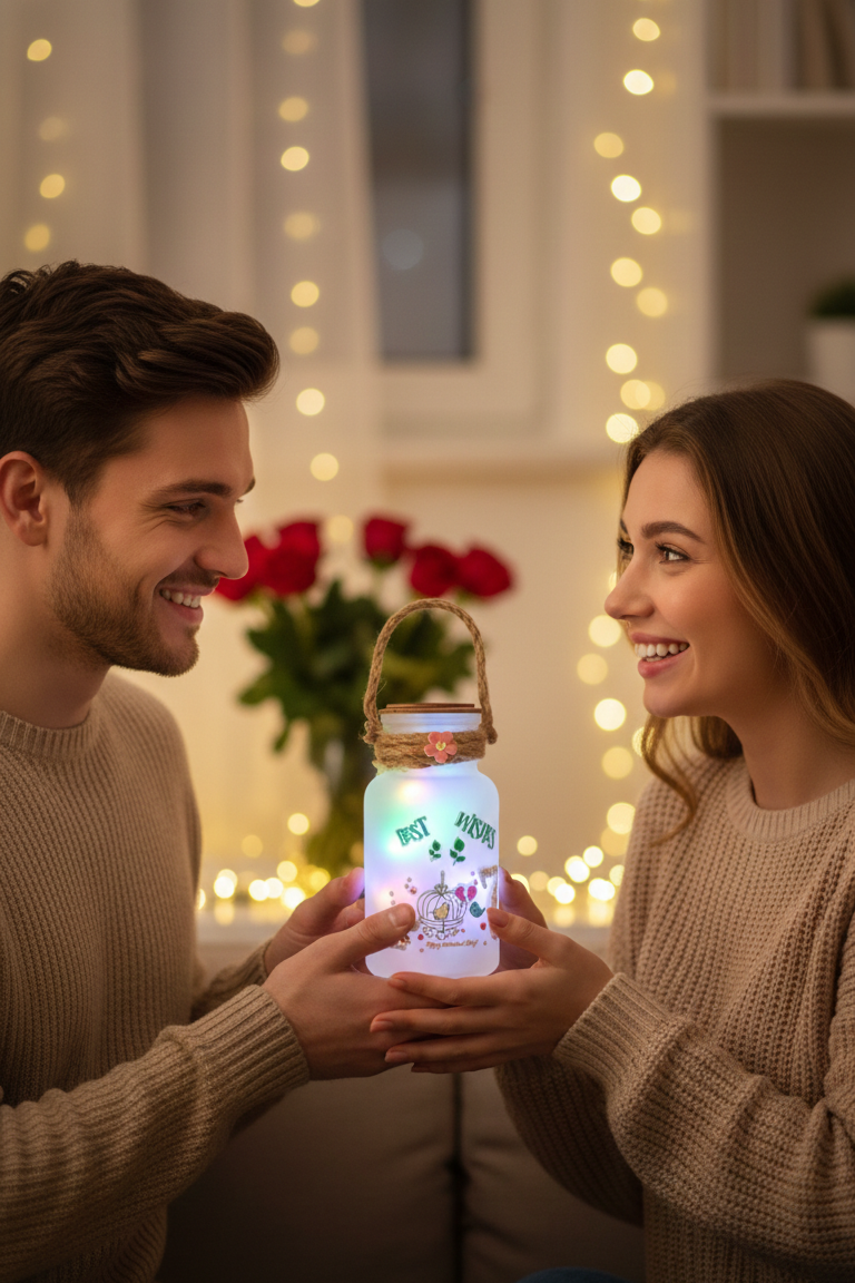 Buy romantic LED glass jar lamp online in India. Perfect Valentine, birthday & anniversary gift with warm lights and premium design.