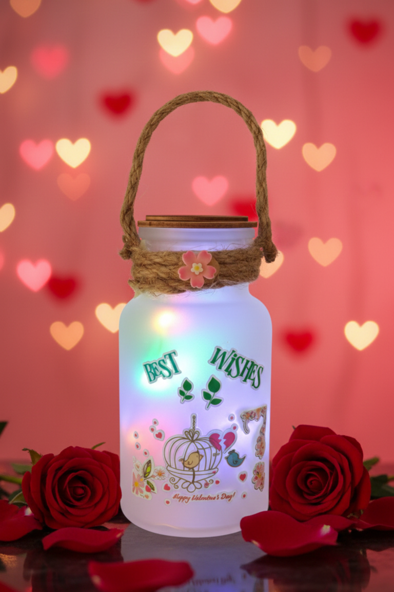 Romantic LED glass jar light gift with jute handle for Valentine couples