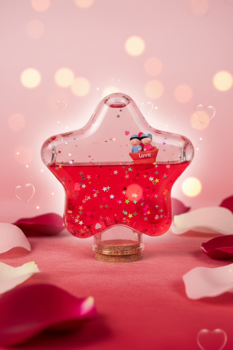 Romantic star shaped love showpiece gift for couples with glitter and couple figurine